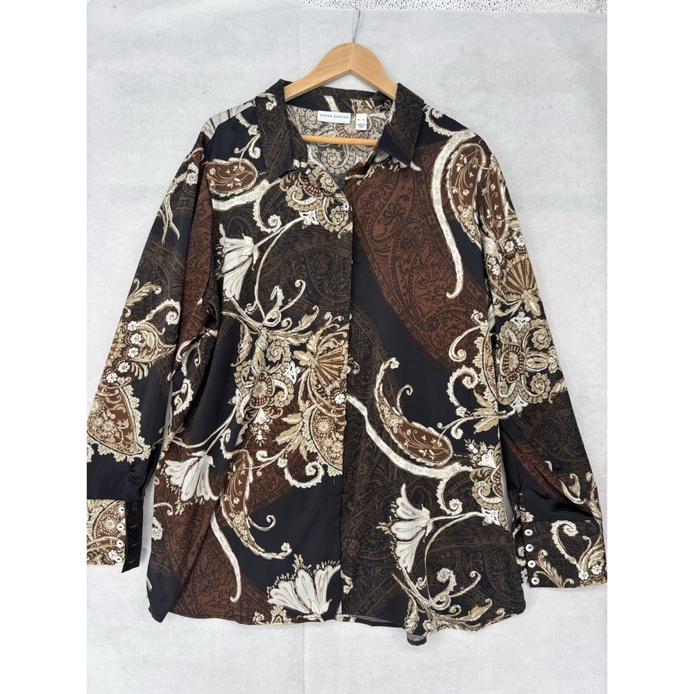 Susan Graver Women's XL Paisley Floral Button-up Silky Shirt Retro Oversized